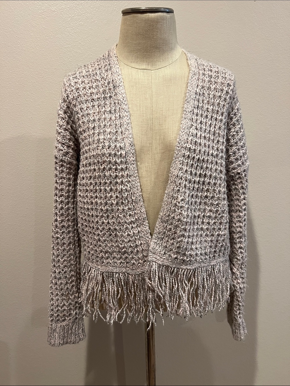 Abercrombie & Fitch Neutral Fringe Open-Front Knit Cardigan